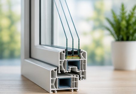 Querschnitt eines Fensterprofils mit Dreifachverglasung