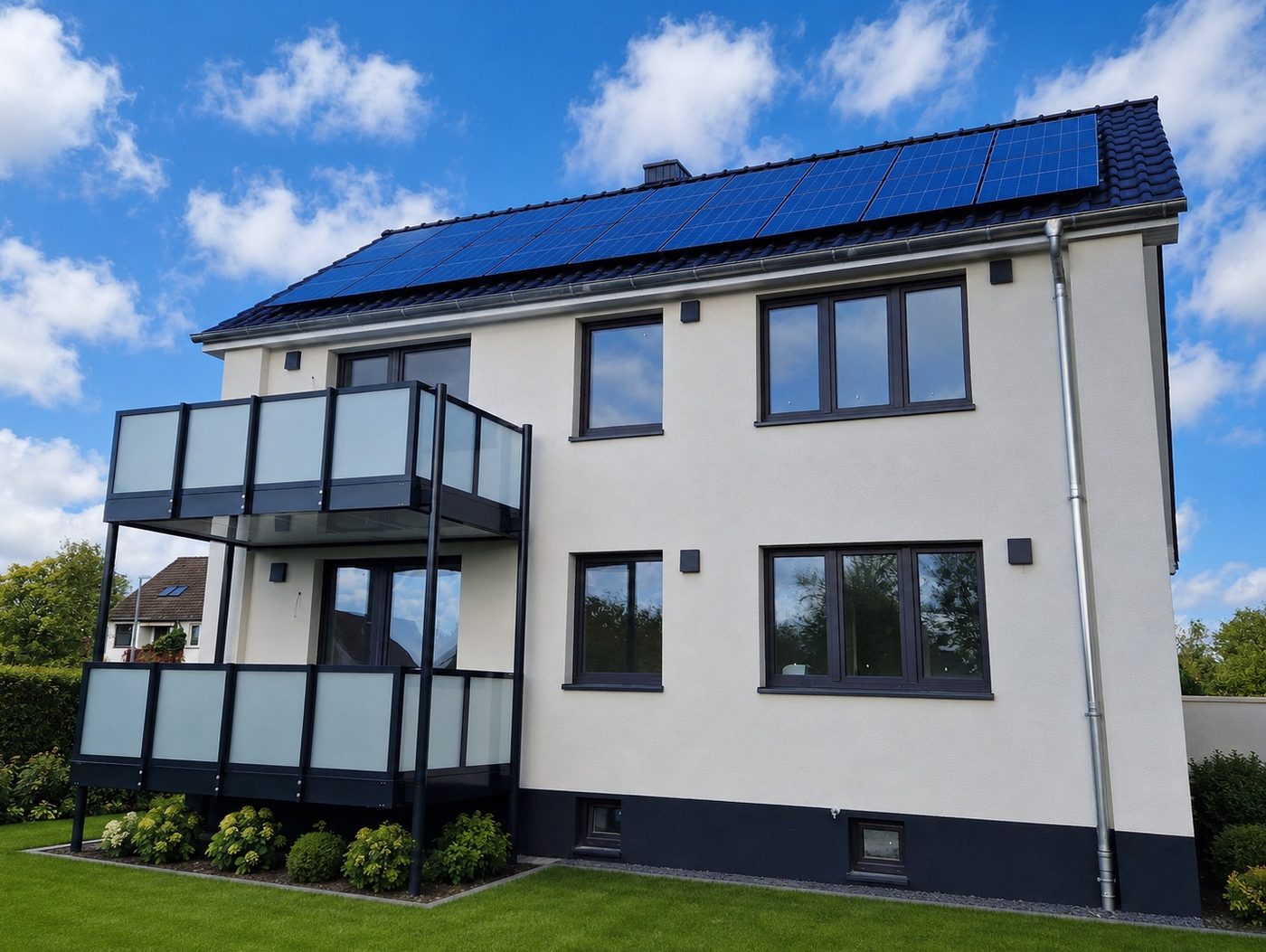 Gartenseite mit Photovoltaik und neuen Stahl-Glas-Balkonen