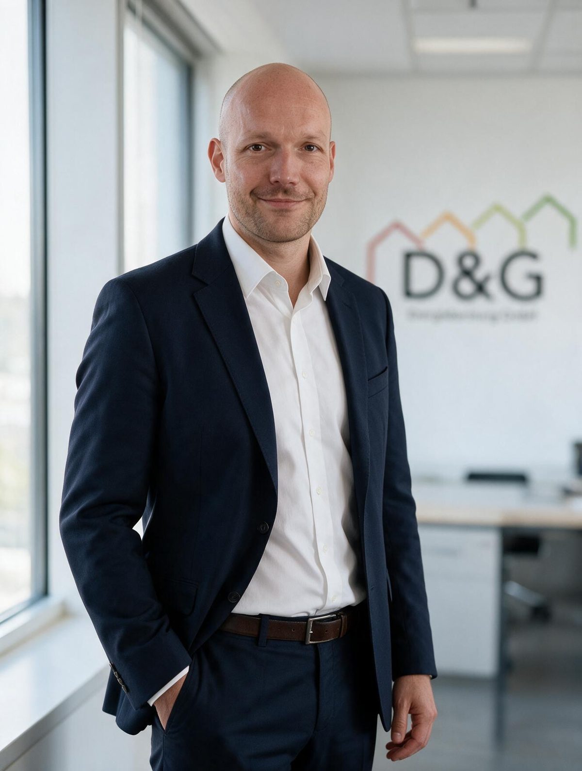 Roy Göring, Geschäftsführer der D&G Energieberatung GmbH, im Büro vor der Logowand