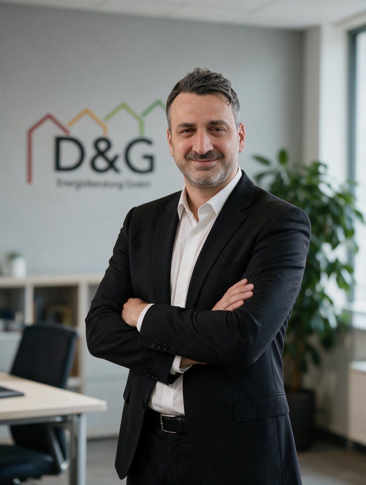 Zoro Dag, Geschäftsführer der D&G Energieberatung GmbH, im Büro vor der Logowand